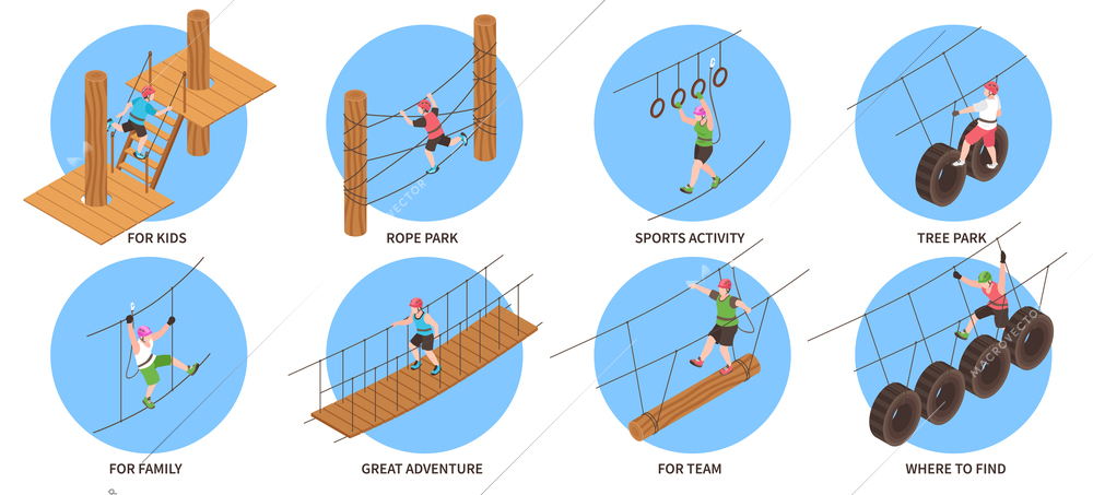 Sports activity for kids and adults isometric round compositions with different elements of rope park construction isolated vector illustration