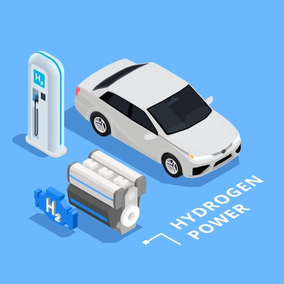 Isometric hydrogen refuelling station engine and car on blue background 3d isometric vector illustration