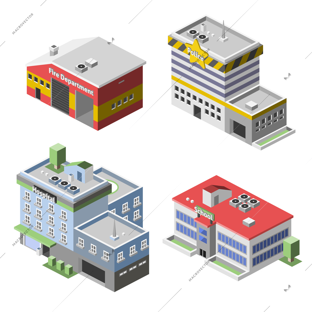 Government buildings 3d isometric set with fire department police hospital school isolated vector illustration