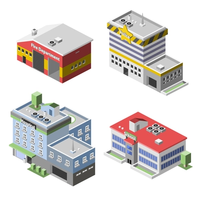 Government buildings 3d isometric set with fire department police hospital school isolated vector illustration