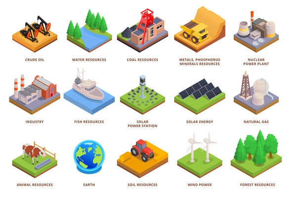 Natural environmental resources isometric set with water crude oil animal forest wind power solar energy gas isolated 3d vector illustration