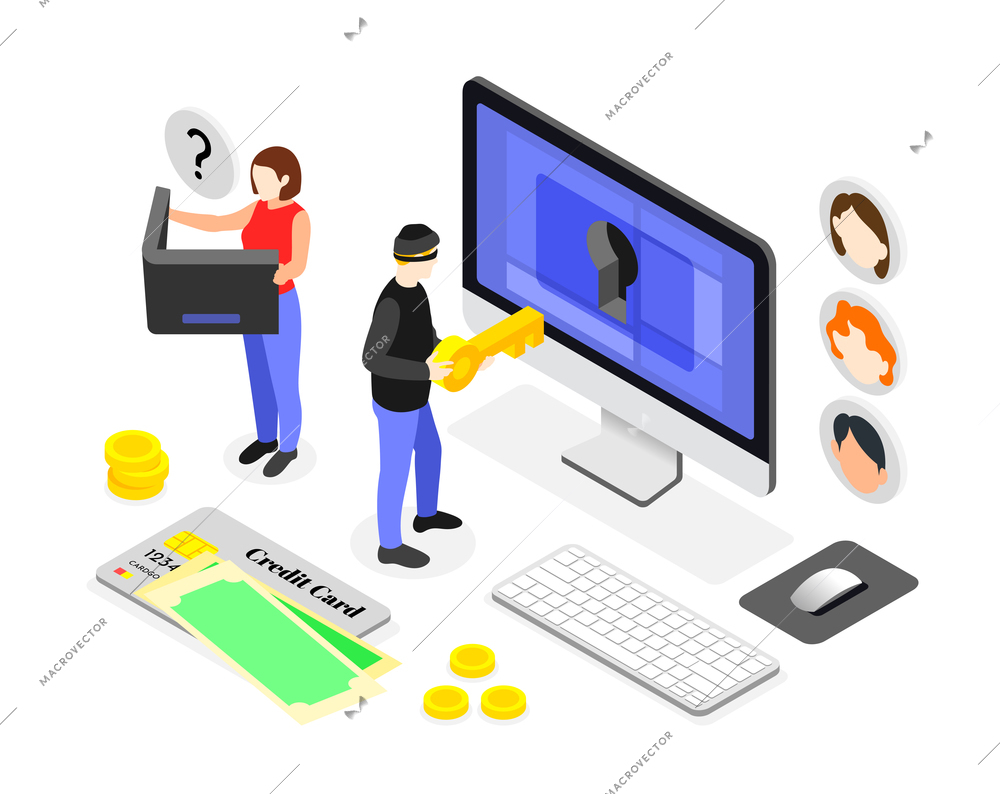 Banks scammers isometric composition with human characters opening safe box in computer screen stealing wallet money vector illustration