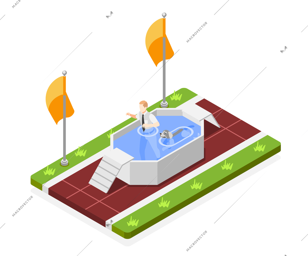 Dog school isometric composition with view of small pool with male trainer teaching dog to swim vector illustration