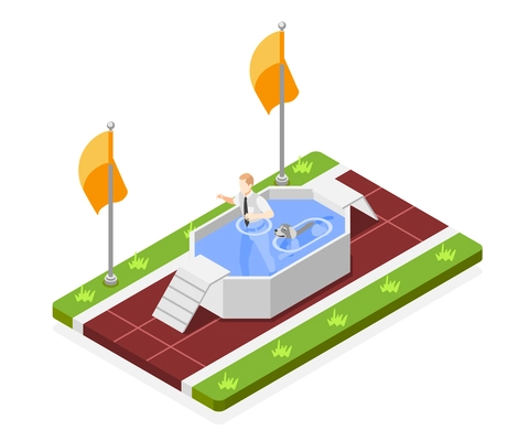 Dog school isometric composition with view of small pool with male trainer teaching dog to swim vector illustration