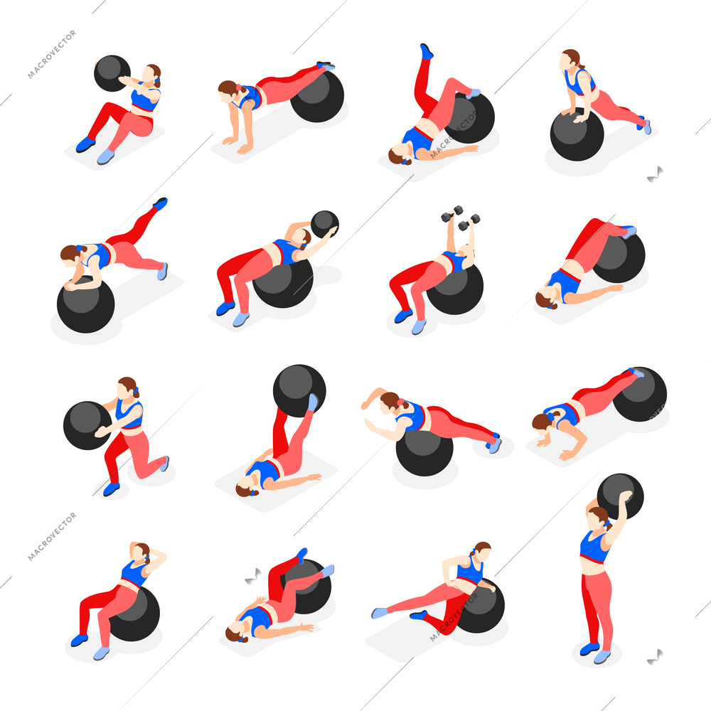 Set of isolated fitness ball workout isometric icons with female characters performing various exercises with balls vector illustration