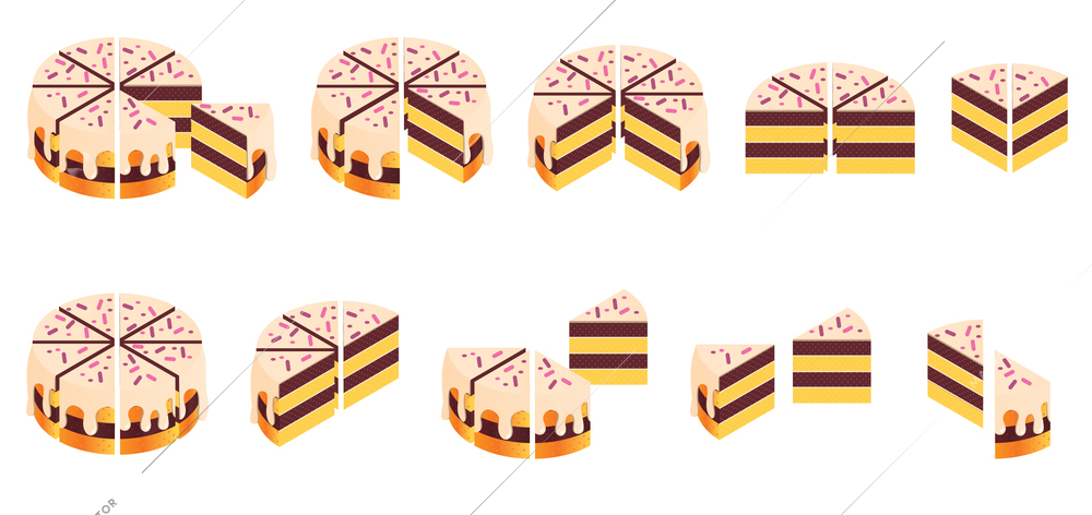 Cakes for events isometric set of isolated icons with round cake cut into slices individual pieces vector illustration