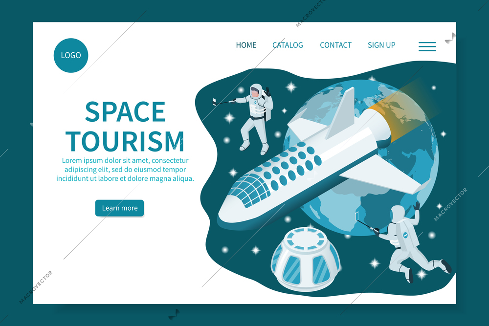 Space tourism isometric web site landing page with outer space view clickable links with text button vector illustration