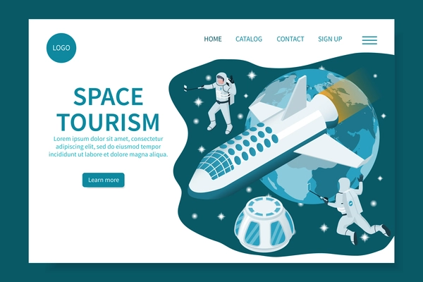 Space tourism isometric web site landing page with outer space view clickable links with text button vector illustration