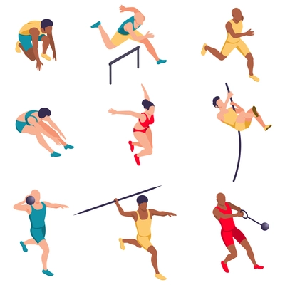 Sportsman athletics isometric set with isolated human characters of athletes with hurdle ropes and jumping barriers vector illustration