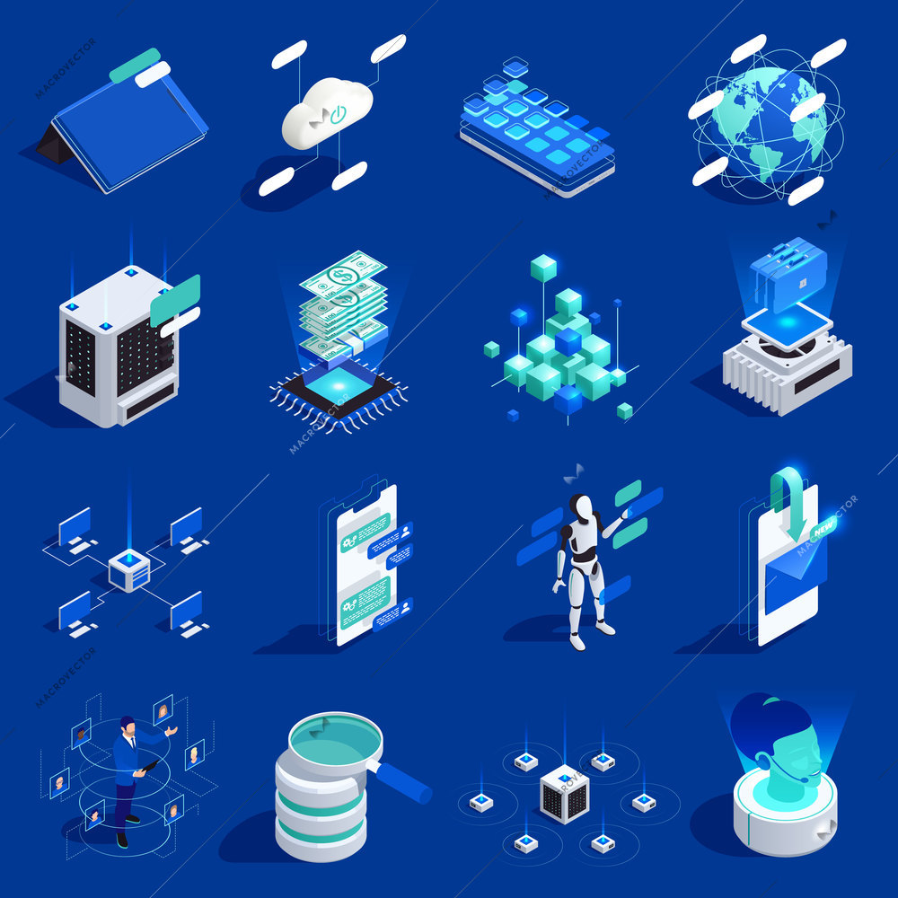 Digital transformation and digitalization isometric icons set isolated vector illustration