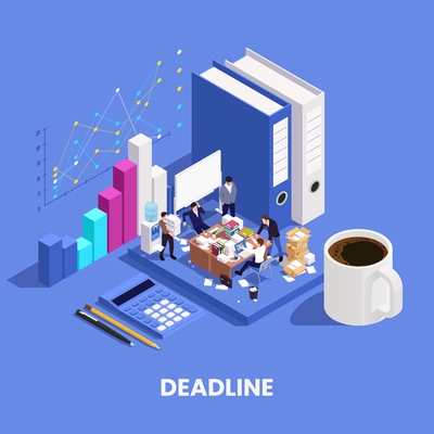 Disorganized chaotic office work isometric composition with employees missing deadline vector ilustration