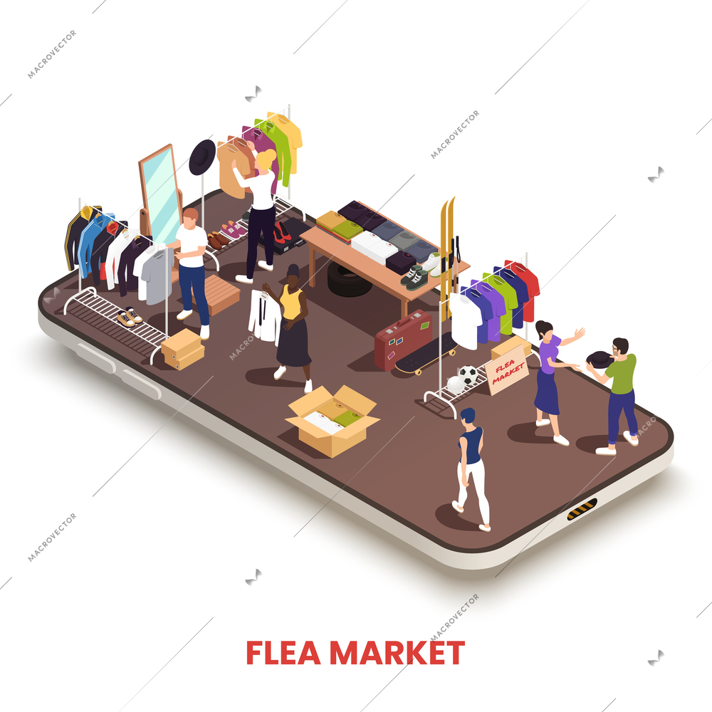 Garage sale and flea market composition with isometric smartphone and people buying vintage clothes vector illustration