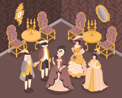 Rococo fashion interior with ladies and cavaliers in wigs and hats with feathers isometric background vector illustration