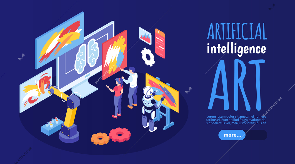 Artificial intelligence art horizontal banner with creative robots painting abstract pictures isometric vector illustration