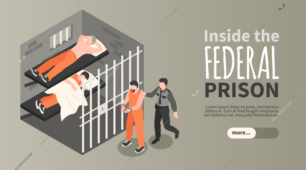 Inside of federal prison horizontal banner with guard accompanying prisoner to camera and inmates sleeping in cell isometric vector illustration