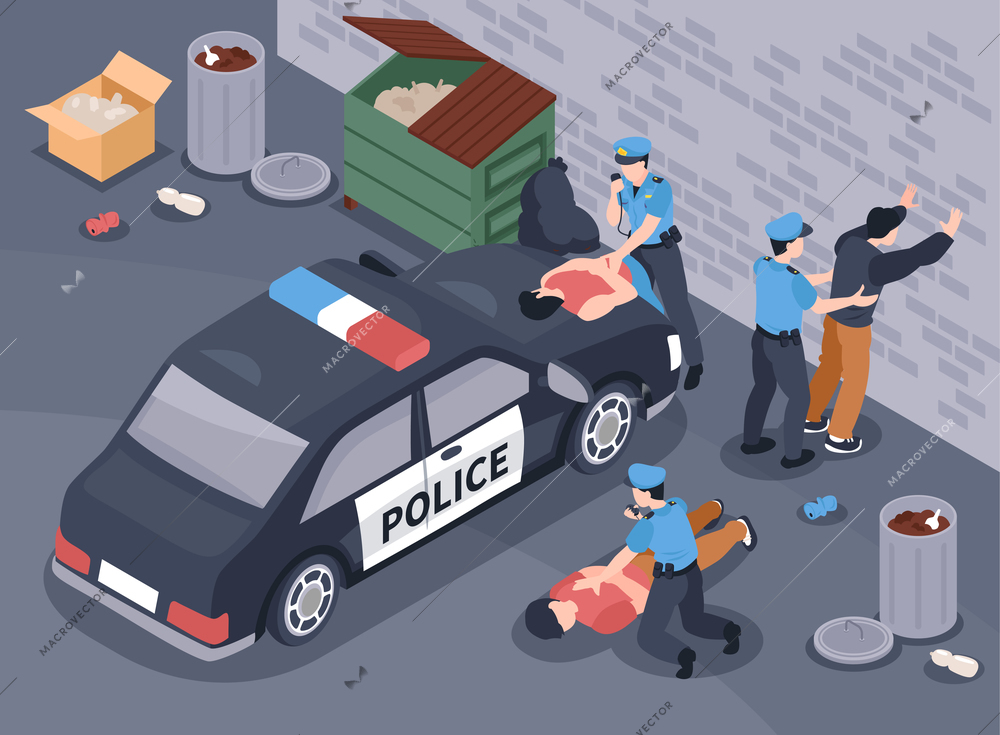 Scene of offenders detention isometric background with officers police car and gang vector illustration