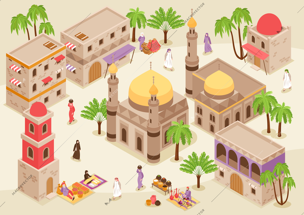 Middle eastern cityscape isometric background with mosque tower and traditional arabic buildings with arched facade vector illustration