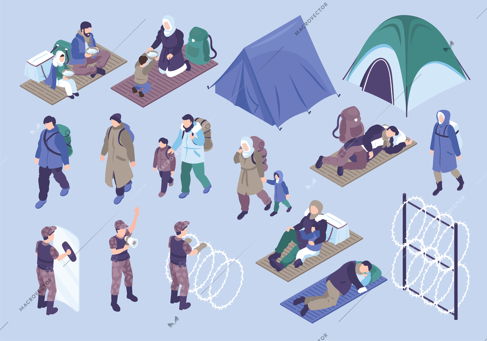 Refugees isometric color set of border guards barbed wire people living in immigration camp isolated vector illustration