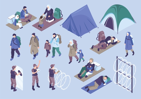 Refugees isometric color set of border guards barbed wire people living in immigration camp isolated vector illustration