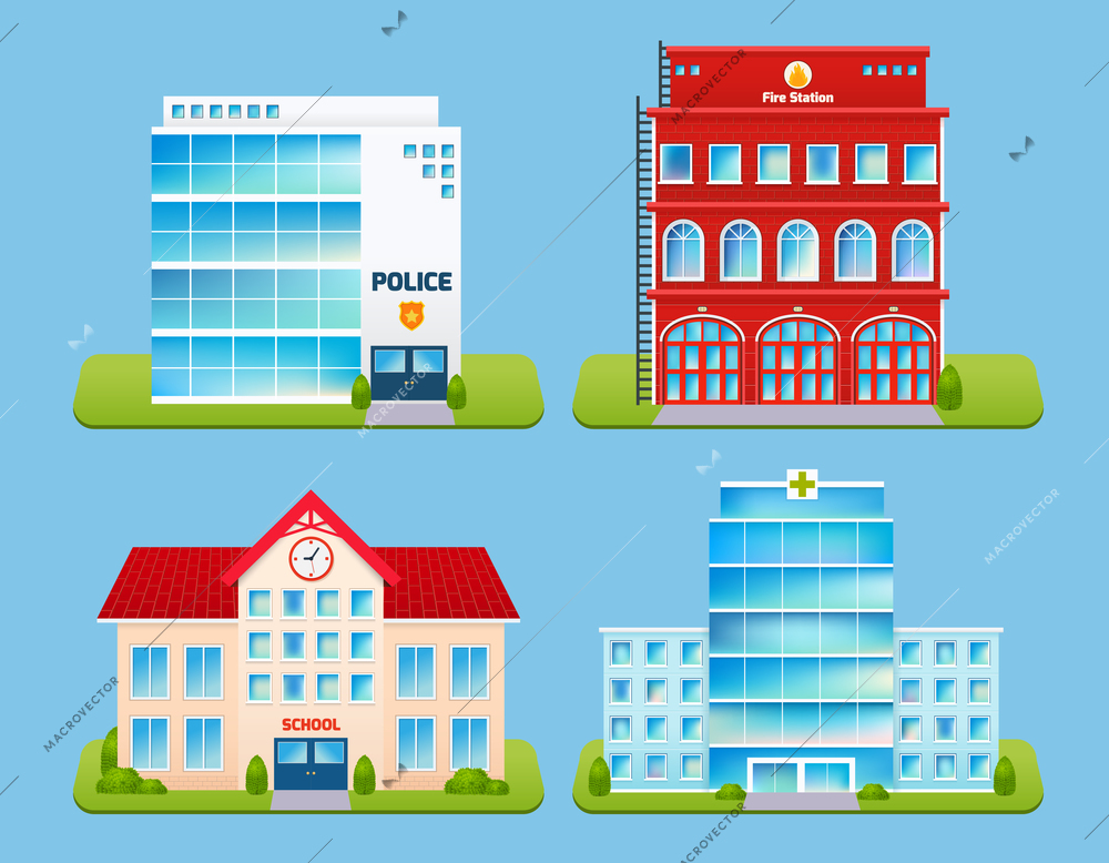 Government buildings emblems set with police office fire station school hospital isolated vector illustration