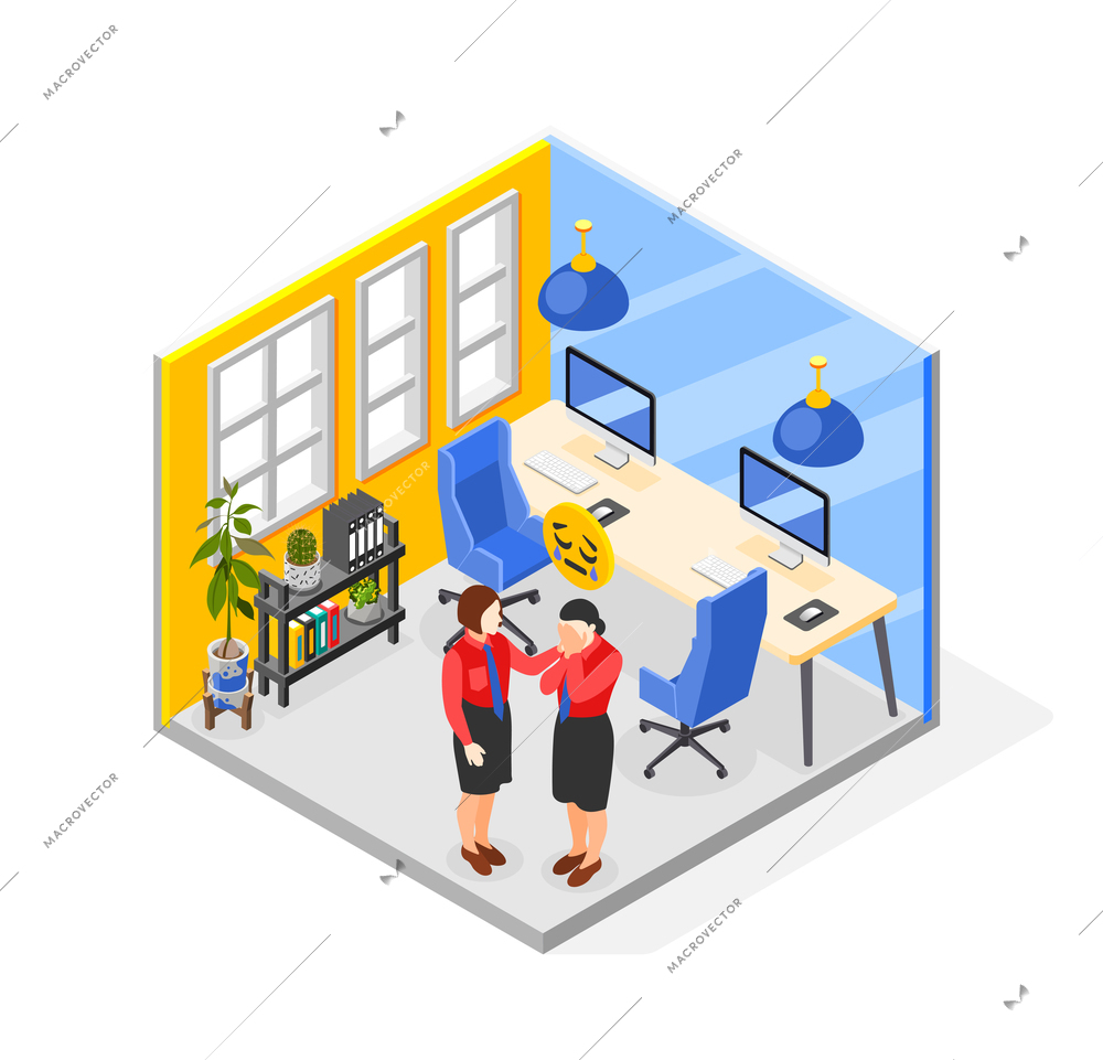 Soft skills isometric composition with woman showing empathy to her colleague 3d vector illustration