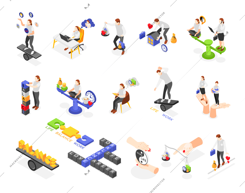 Isometric balancing in life conceptual icons set with human characters on scales isolated 3d vector illustration