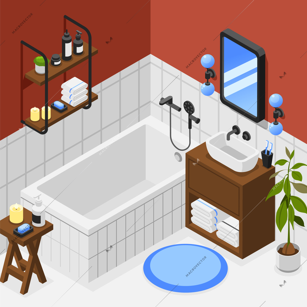 Bathroom interior isometric background with bathtub washbasin mirror potted plant wooden shelves with soap shampoo candles towels 3d vector illustration