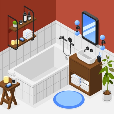 Bathroom interior isometric background with bathtub washbasin mirror potted plant wooden shelves with soap shampoo candles towels 3d vector illustration