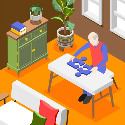 Senior man with dementia symptoms doing puzzle in living room 3d isometric background vector illustration