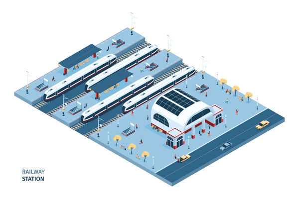 Railway station isometric composition  with staircase tunnel entrance on platform with passengers and high speed trains on railway tracks vector illustration