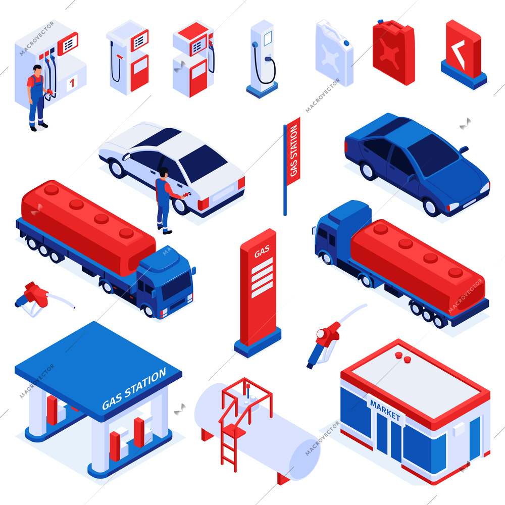 Isometric gas station set of isolated icons with buildings cistern tanks tanker trucks and filling appliances vector illustration