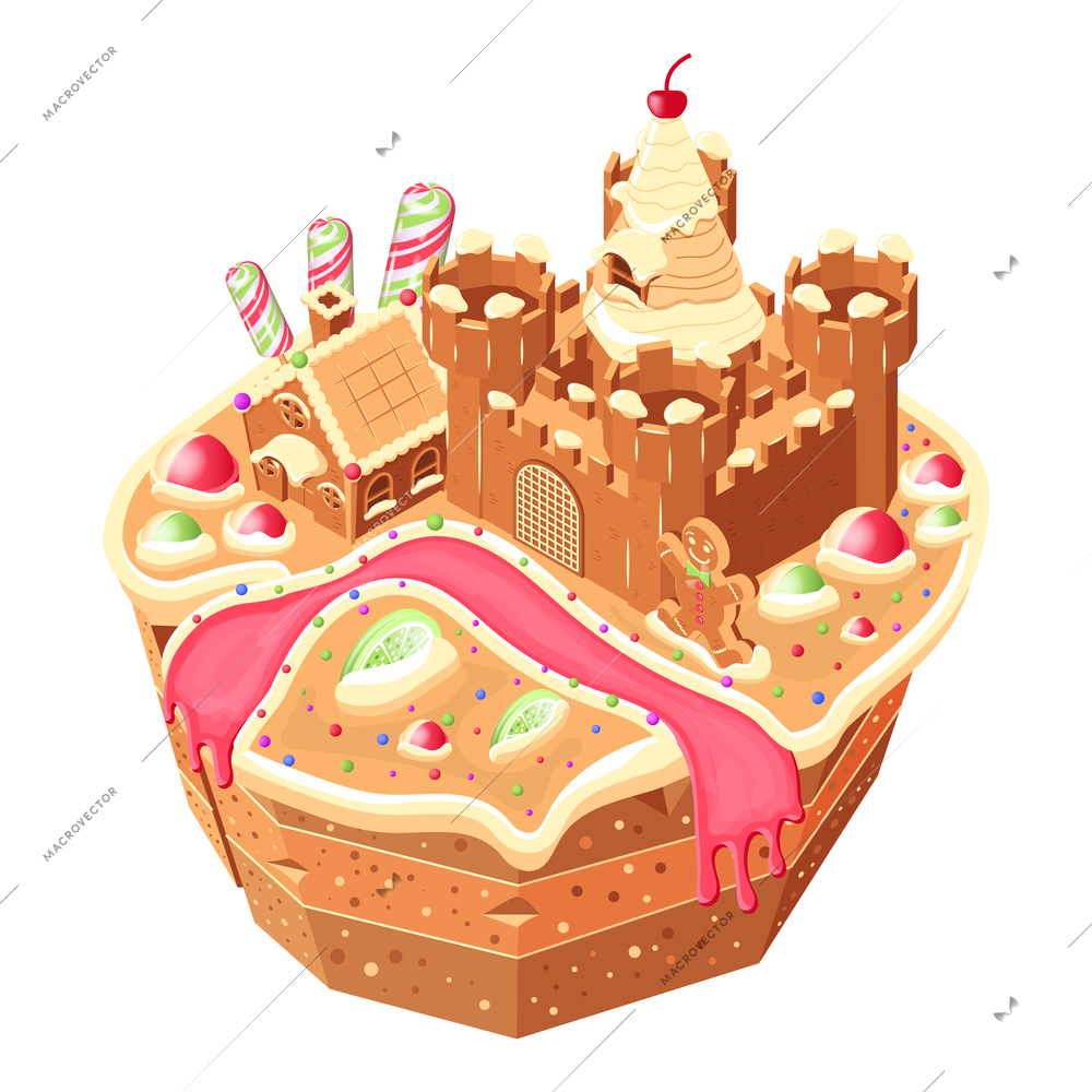 Candy land isometric composition with round platform and gingerbread castle with cherries lollipops and jam river vector illustration