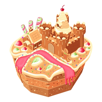 Candy land isometric composition with round platform and gingerbread castle with cherries lollipops and jam river vector illustration