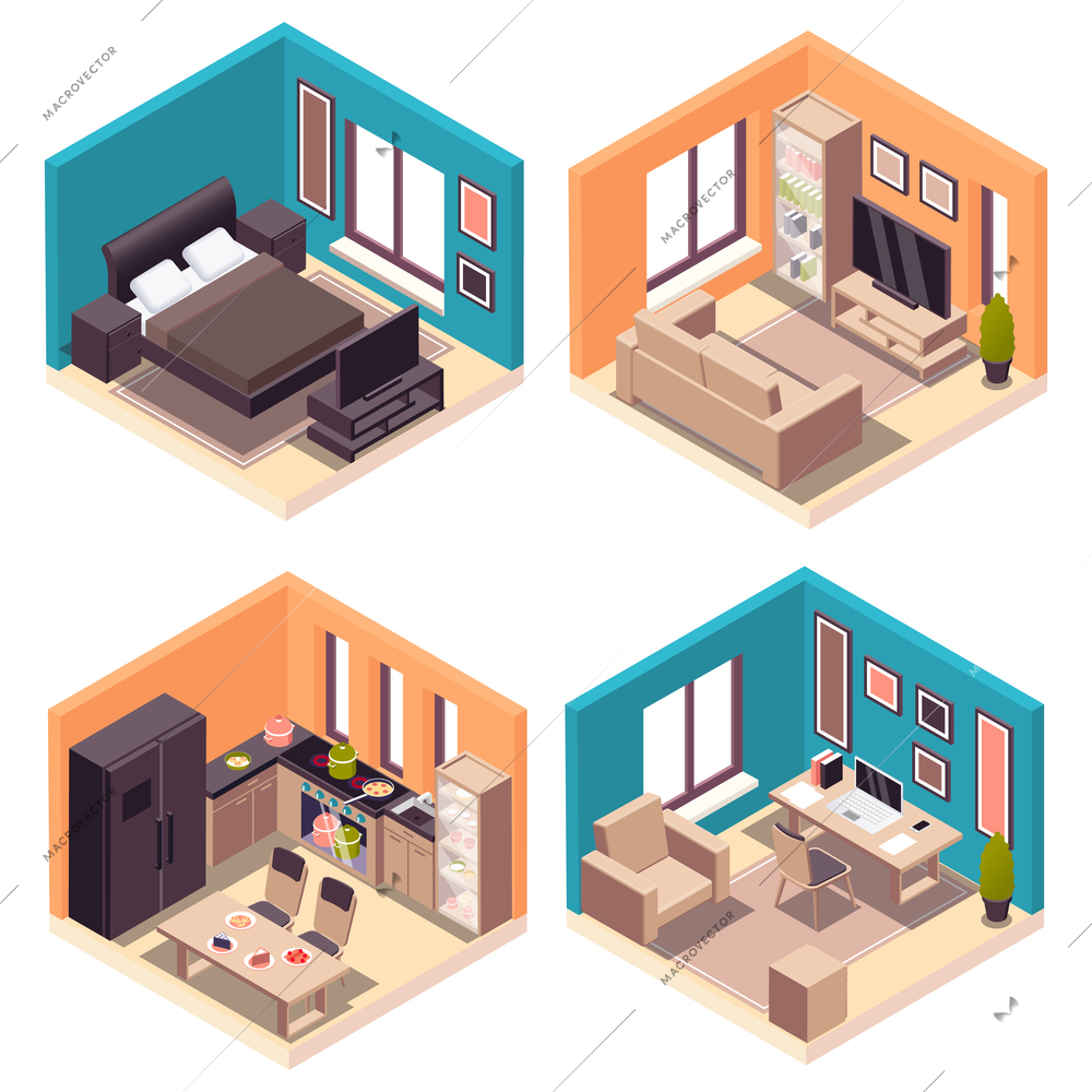 Set of four isolated furniture interior compositions with isometric views of apartment rooms with modern interiors vector illustration