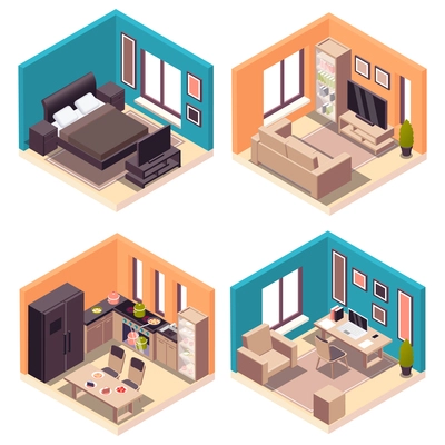 Set of four isolated furniture interior compositions with isometric views of apartment rooms with modern interiors vector illustration