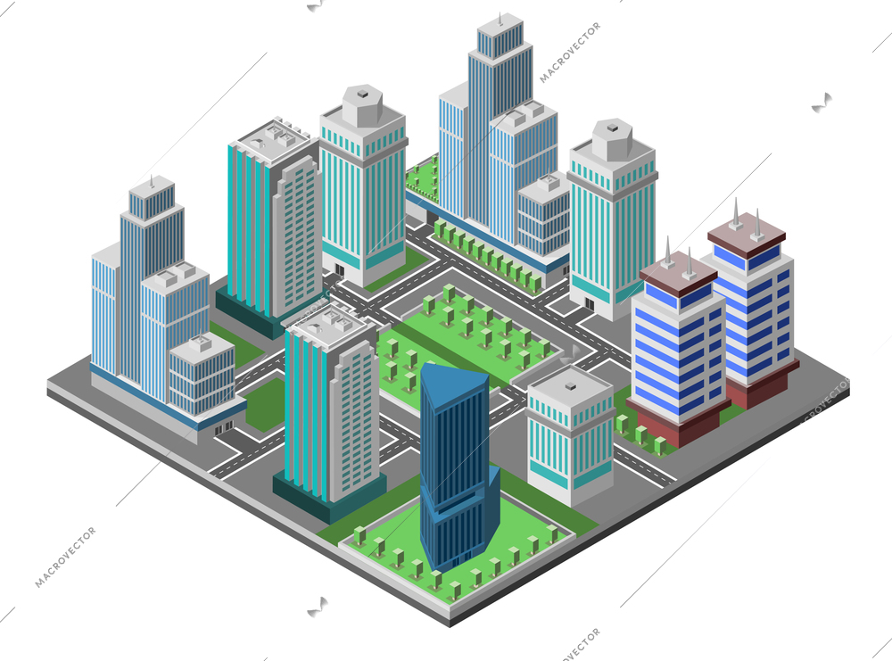 Modern city concept with isometric skyscraper offices 3d buildings decorative icons set vector illustration