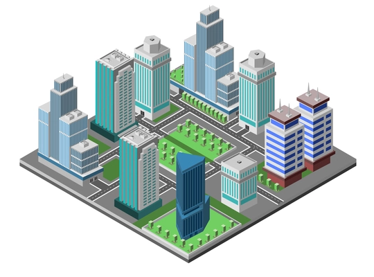 Modern city concept with isometric skyscraper offices 3d buildings decorative icons set vector illustration