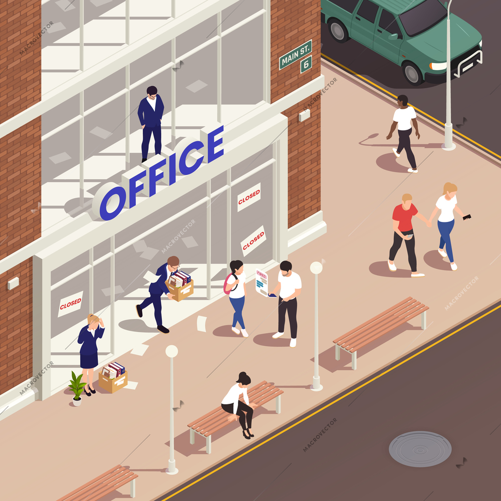 Unemployment isometric composition with people loosed their jobs in front of the office building vector illustration