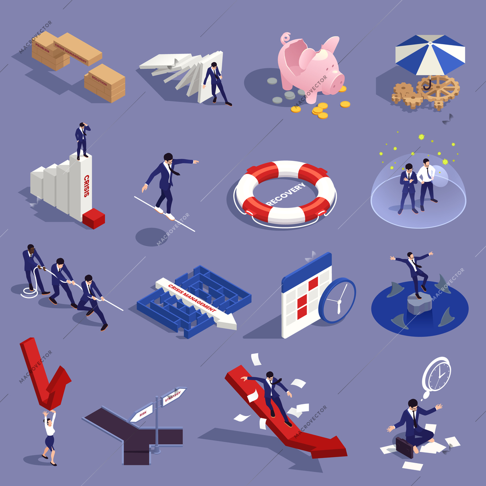 Crisis management isometric set with economic recession symbols isolated vector illustration