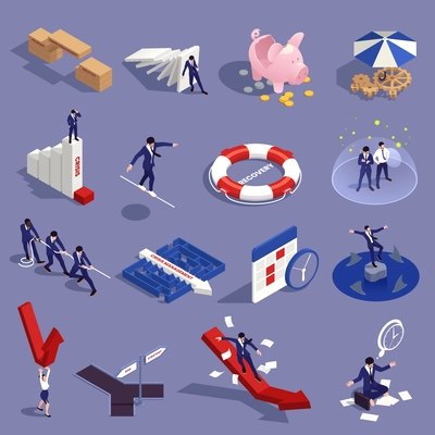 Crisis management isometric set with economic recession symbols isolated vector illustration