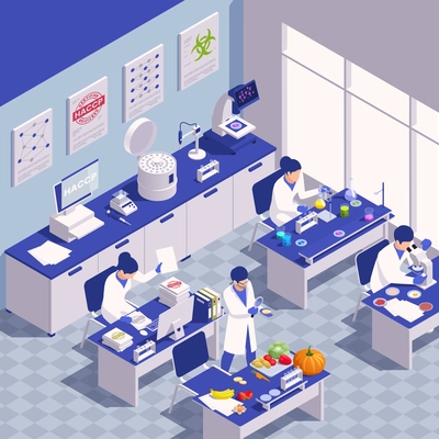 HACCP food safety concept with isometric science lab and scientists making tests vector illustration