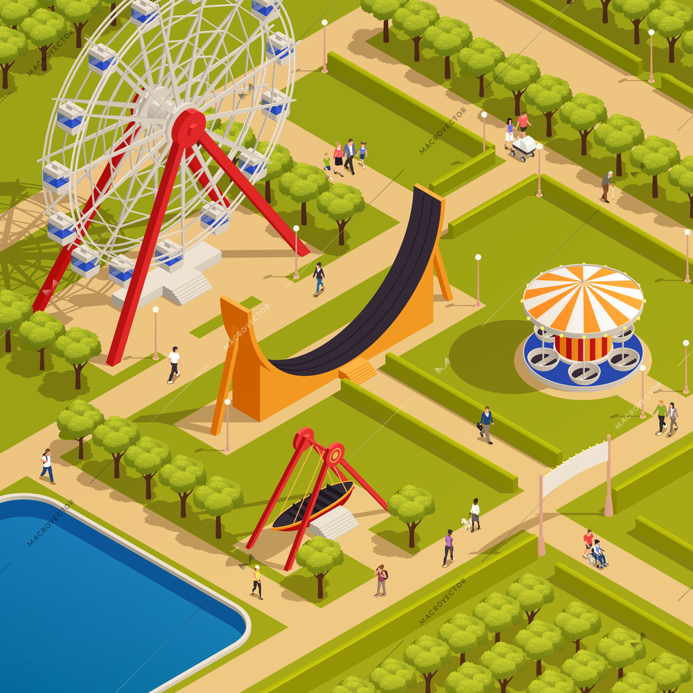 Amusement park isometric concept with ferris wheel and attractions vector illustration