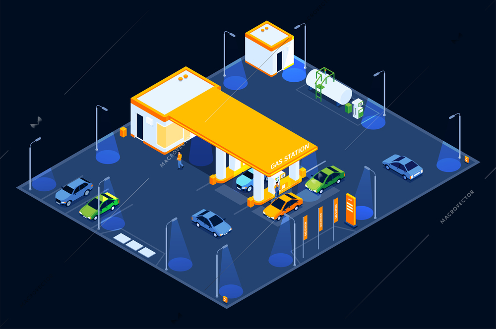 Isometric gas station night composition with gasoline filling buildings with rain shelter cars and lamp posts vector illustration