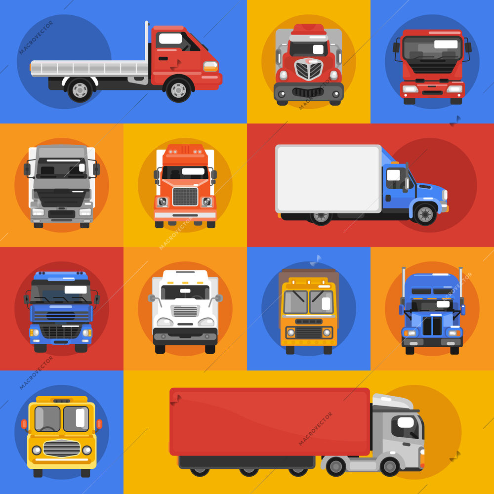 Truck heavy carrier transport delivery van decorative icons flat isolated vector illustration