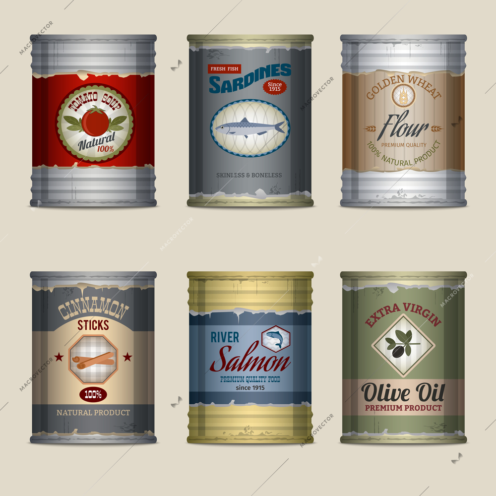 Food tin rusty cans with tomato soup sardines flour decorative icons set isolated vector illustration