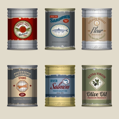 Food tin rusty cans with tomato soup sardines flour decorative icons set isolated vector illustration