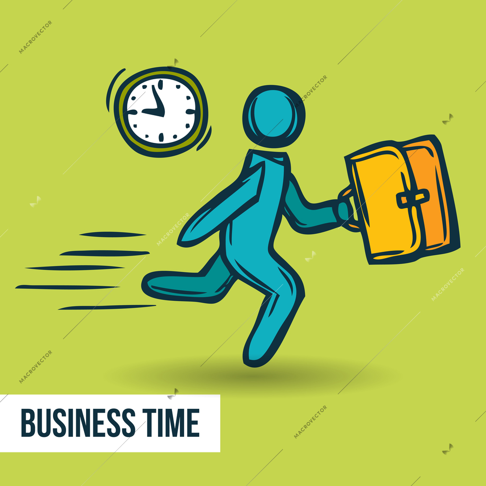 Time management business road to success poster with clock and man cartoon character sketch vector illustration.