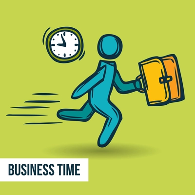 Time management business road to success poster with clock and man cartoon character sketch vector illustration.