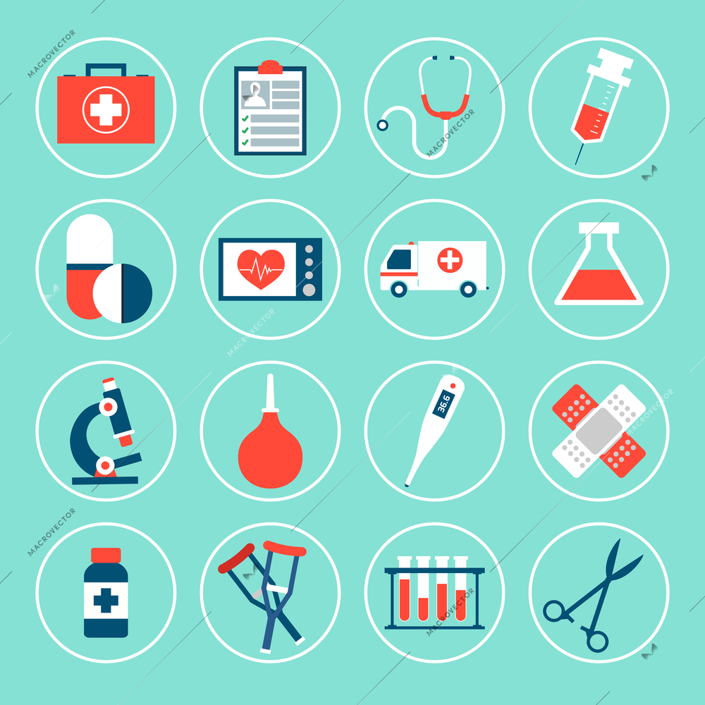 Medical equipment icons set with first aid kit phonendoscope syringe isolated vector illustration