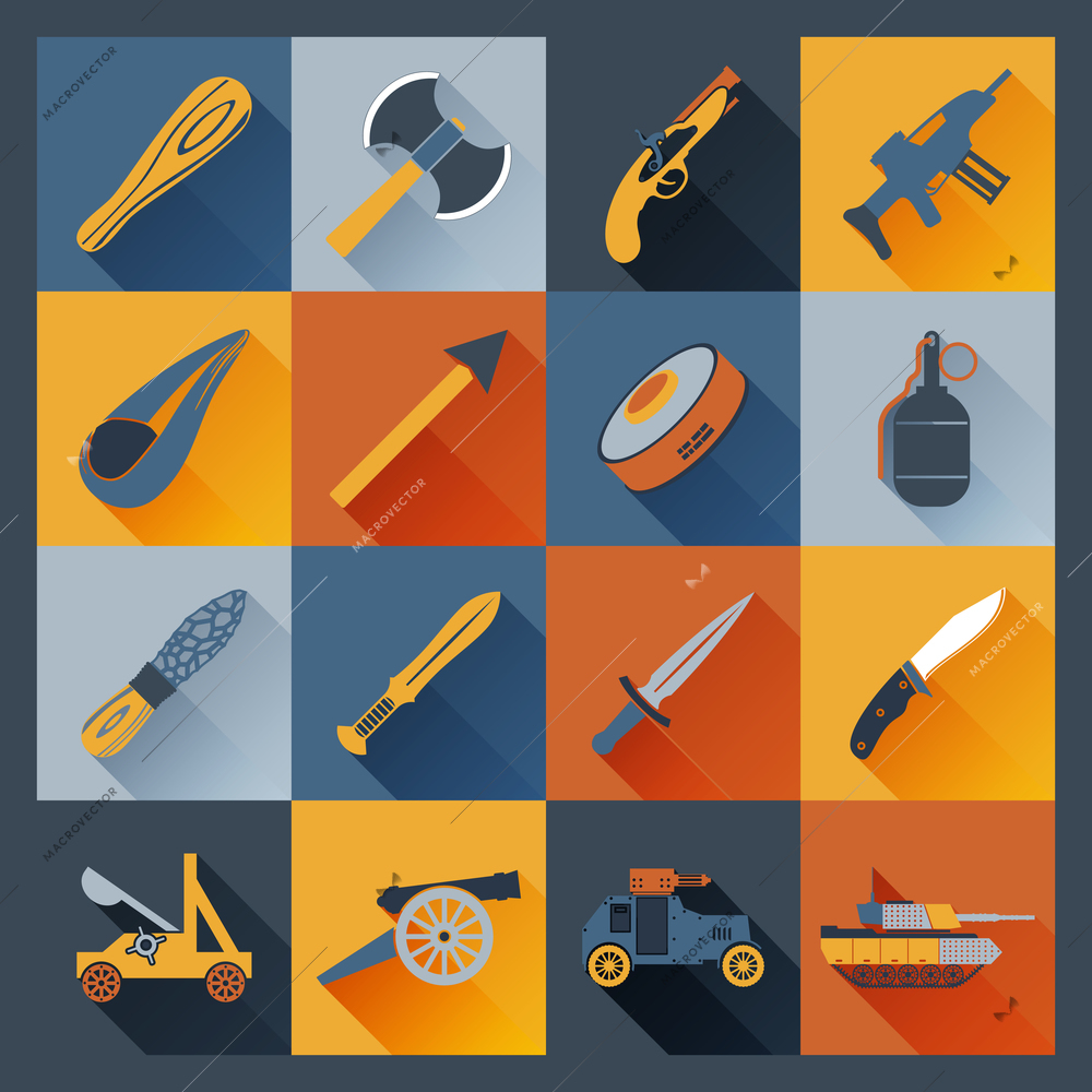 Weapon icons flat set  with axe dagger tank  cannon isolated vector illustration